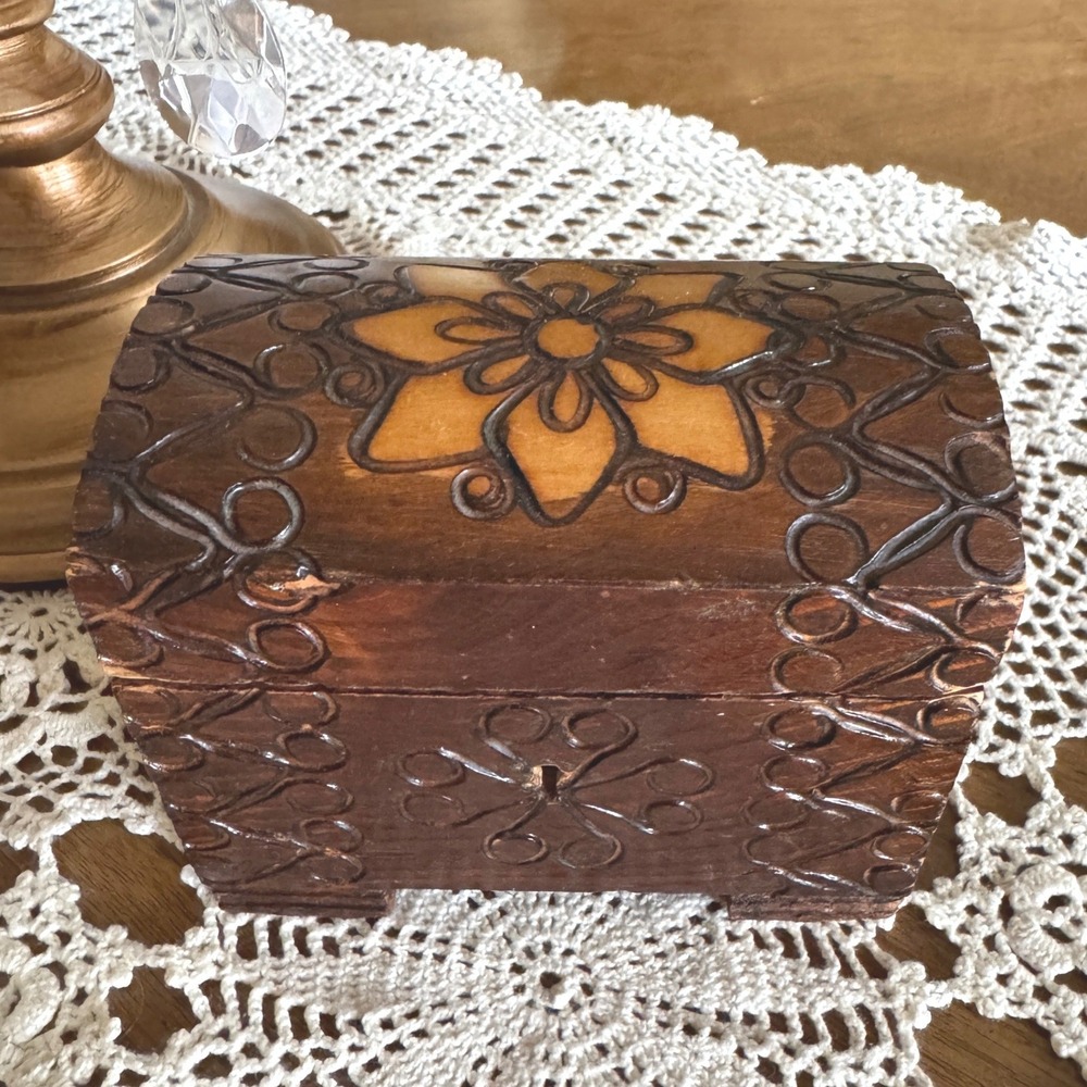 Vintage Polish Trinket Jewelry Box Small Trunk Burned Wood Etched Lidded Boho